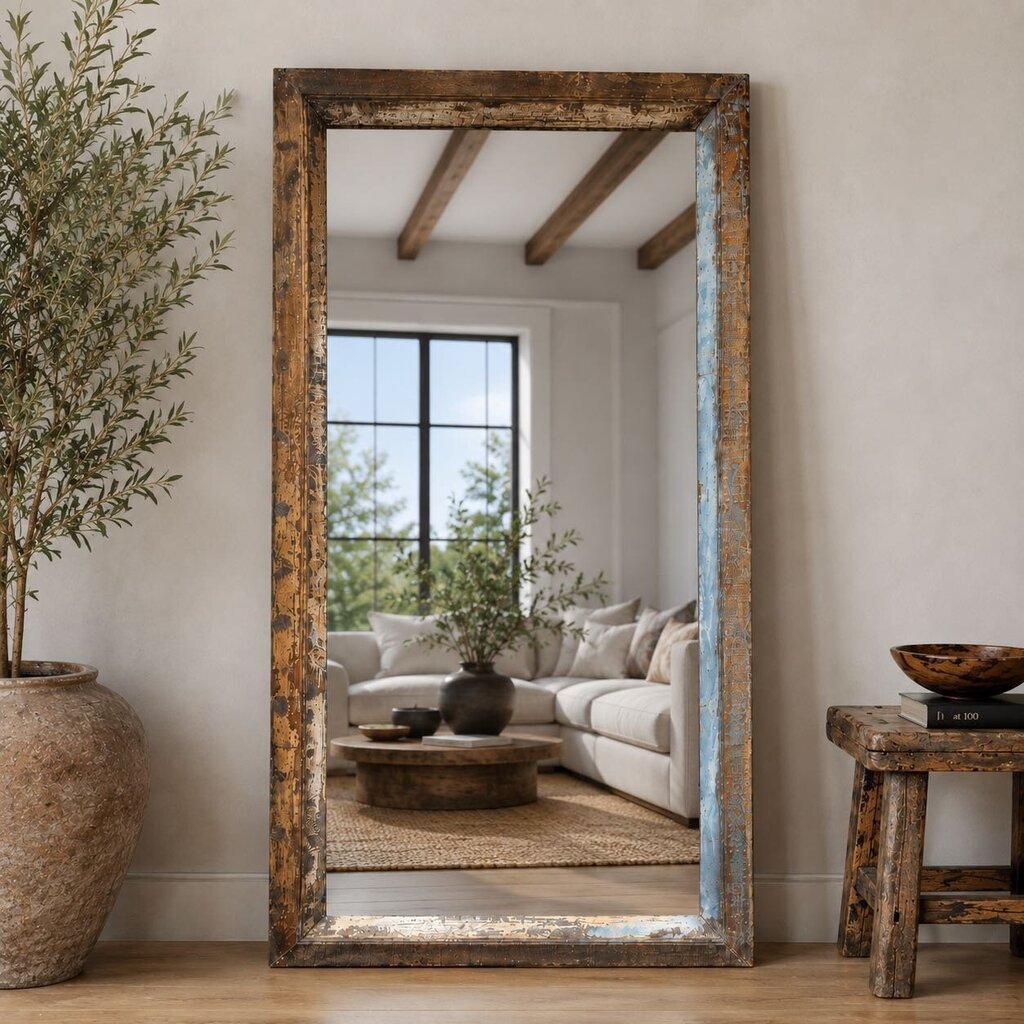 Large Distressed Wooden Framed Floor Mirror