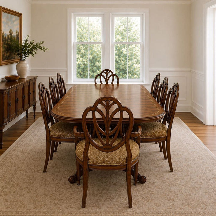 Orig. Price $12,000 - Double Pedestal Dining Table with 8 Chairs and 2 Leaves