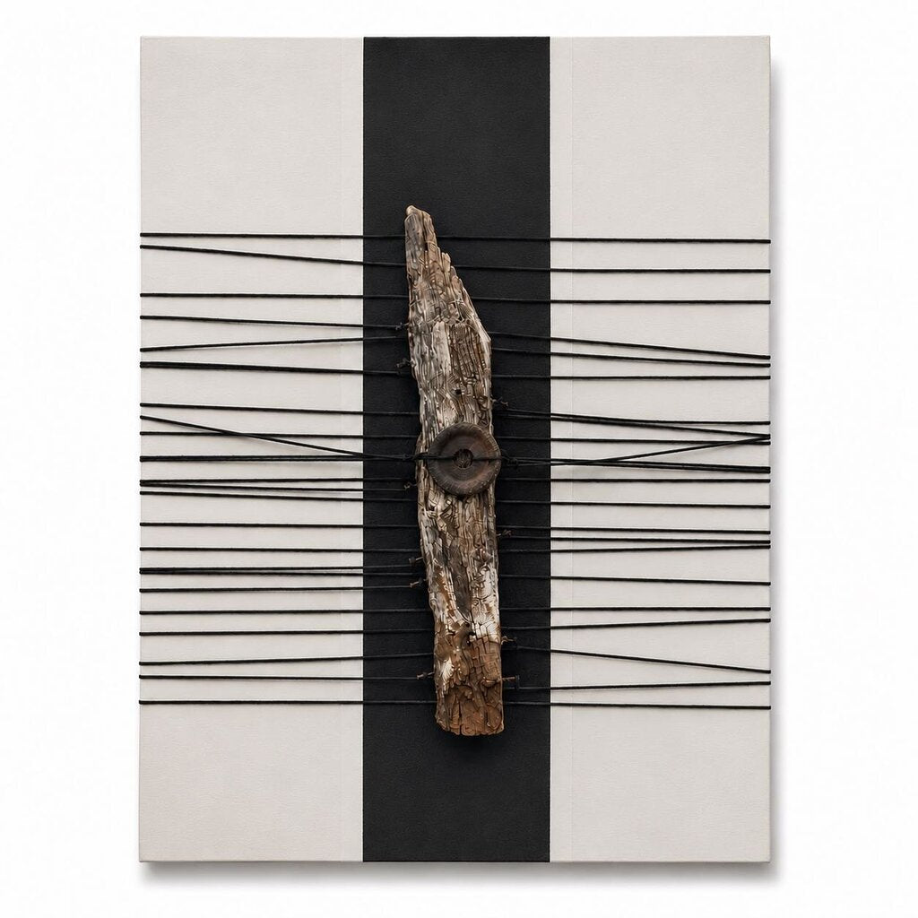 Orig. Price $650 - Mixed Media Driftwood and Leather with Metal Accent Canvas