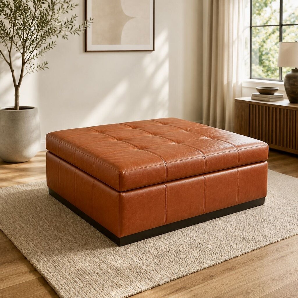 Orig. Price $4,000 - Square Leather Ottoman