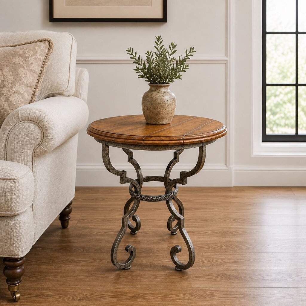 Round Wood Accent Table with Iron Base
