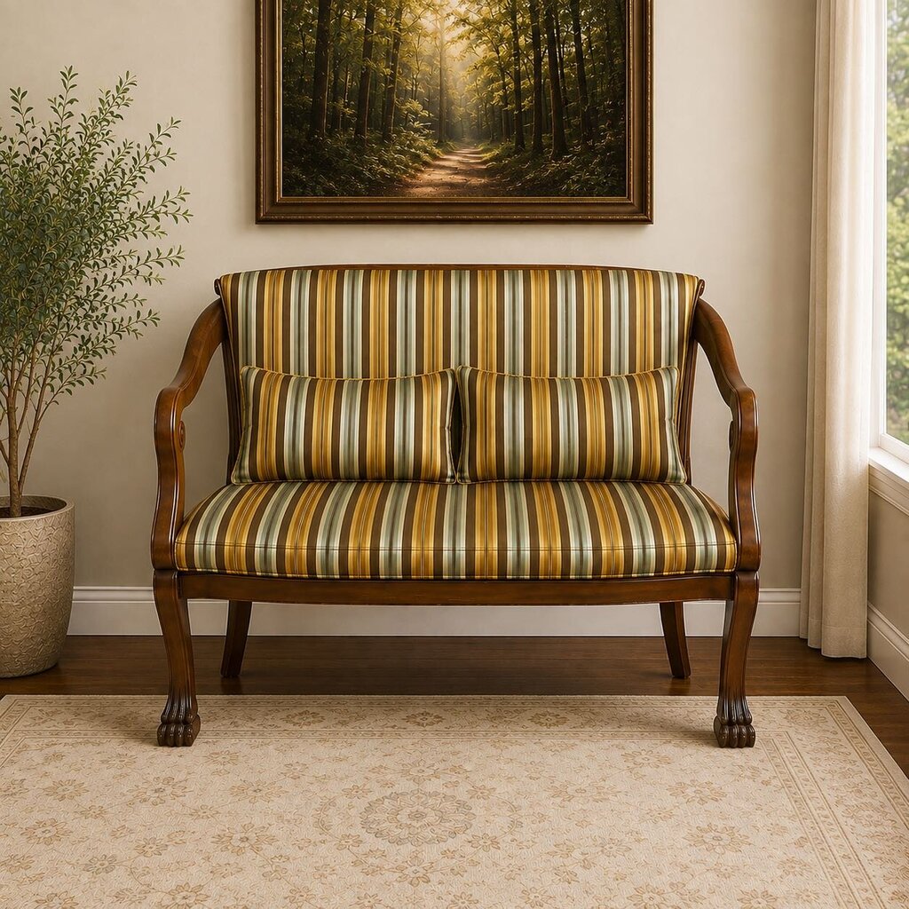 Victorian-style Carved Wood Settee w/ 2 Accent Pillows
