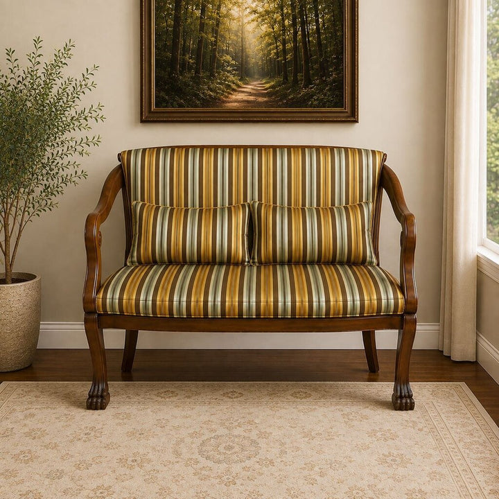 Victorian-style Carved Wood Settee w/ 2 Accent Pillows