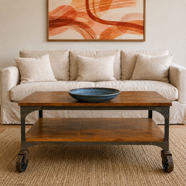 Orig. Price $524 - Rustic Wood & Metal Coffee Table w/ Wheels