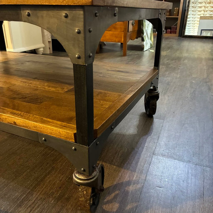 Orig. Price $524 - Rustic Wood & Metal Coffee Table w/ Wheels