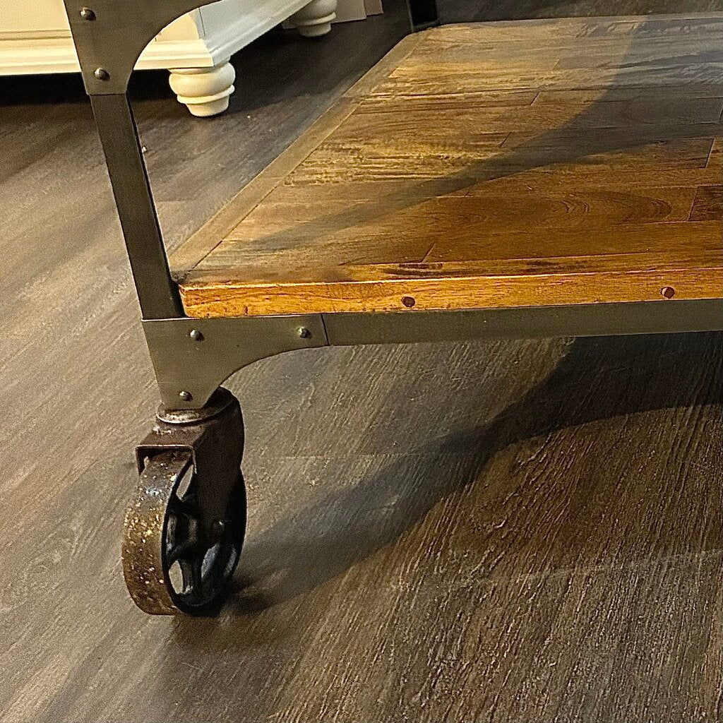 Orig. Price $524 - Rustic Wood & Metal Coffee Table w/ Wheels
