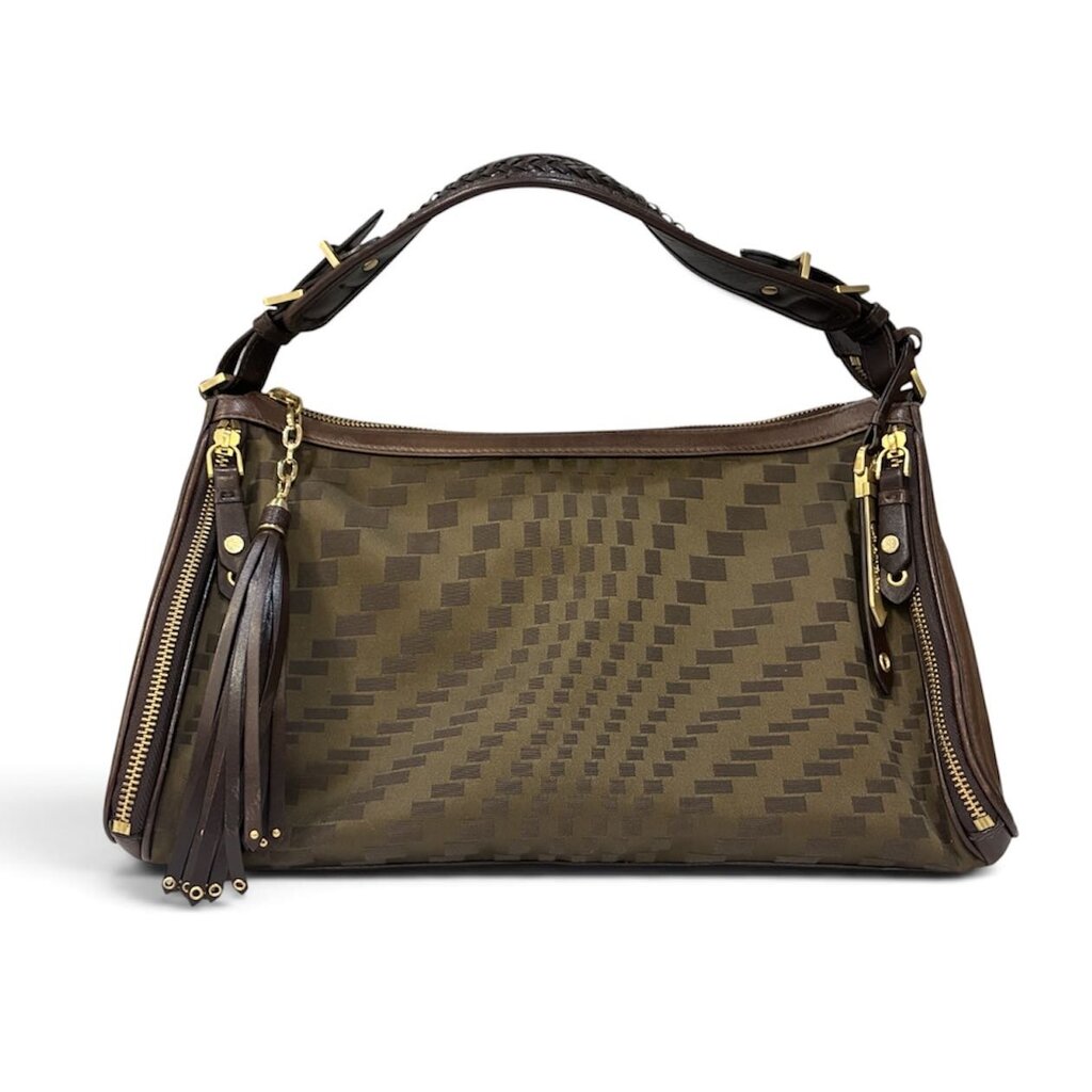Checkered Canvas & Leather Shoulder Handbag