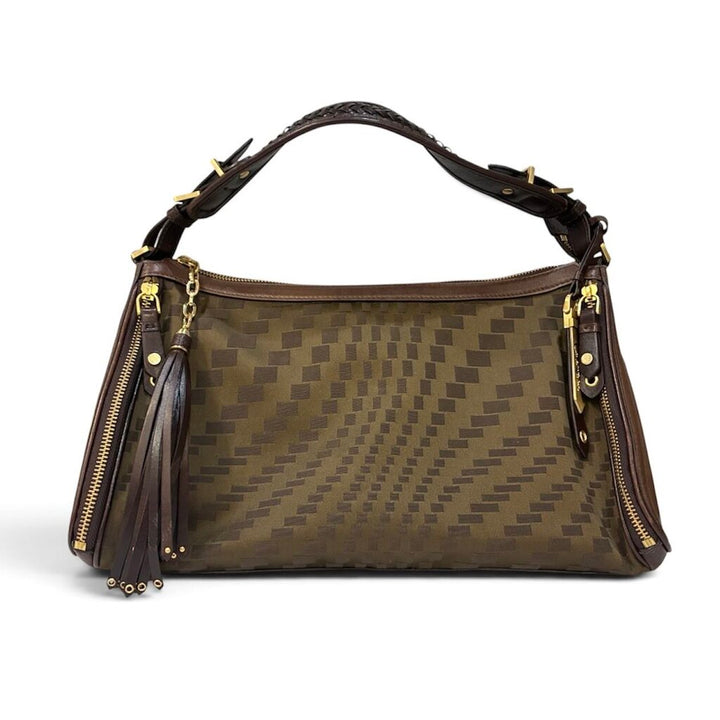 Checkered Canvas & Leather Shoulder Handbag