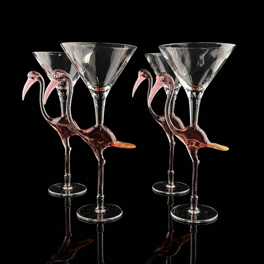 Set of 4 Art Glass Flamingo Martini Glasses