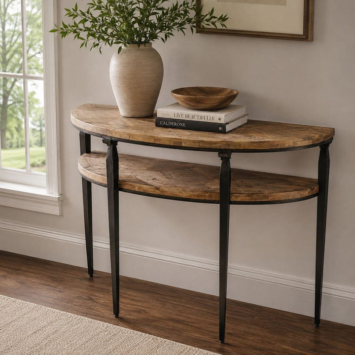 Parquet Inlay Wood and Iron Demilune Table