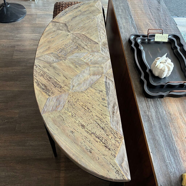Parquet Inlay Wood and Iron Demilune Table