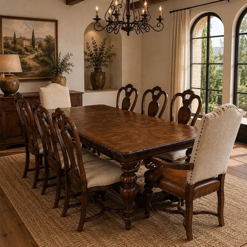 Segovia Marquetry Dining Table w/ 8 Chairs & Leaf