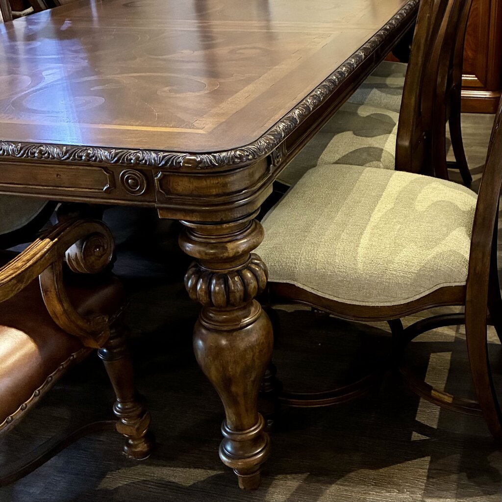 Segovia Marquetry Dining Table w/ 8 Chairs & Leaf