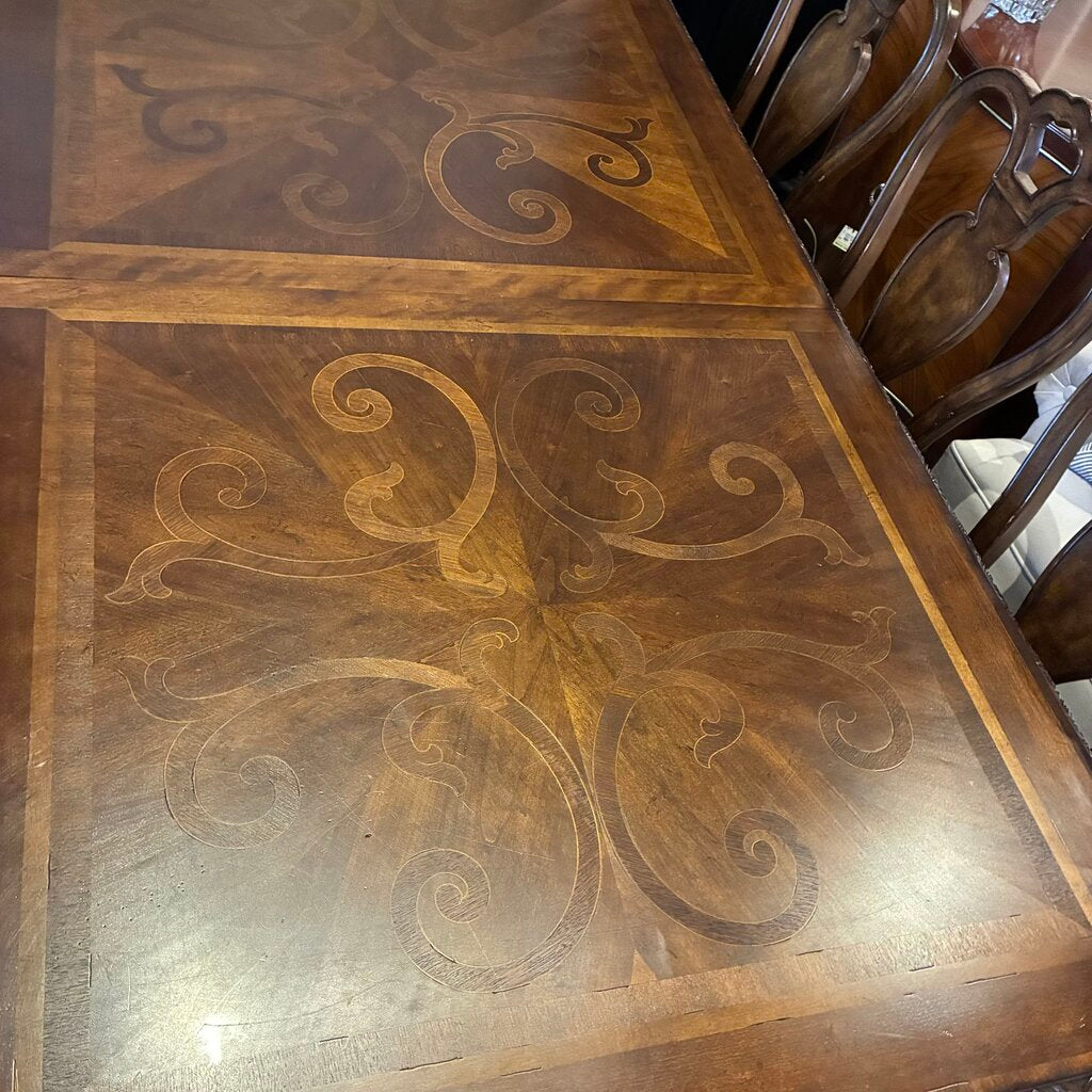 Segovia Marquetry Dining Table w/ 8 Chairs & Leaf