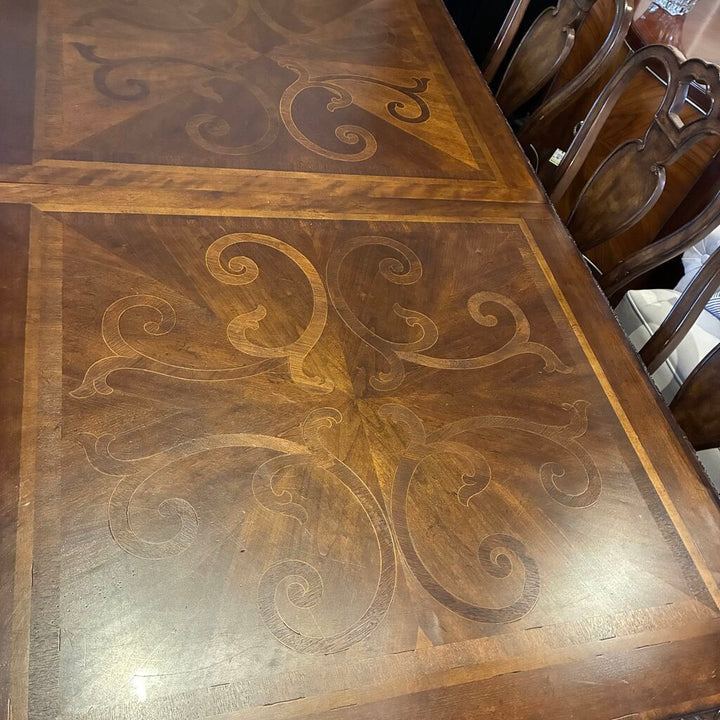 Segovia Marquetry Dining Table w/ 8 Chairs & Leaf