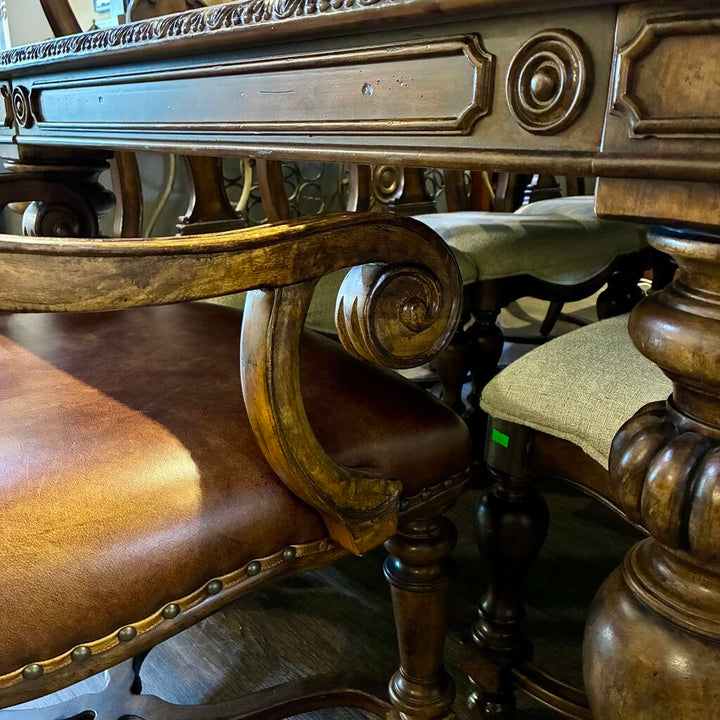 Segovia Marquetry Dining Table w/ 8 Chairs & Leaf