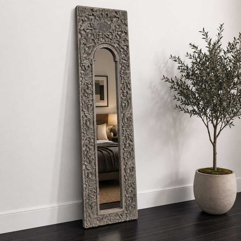 Panel Mirror with Floral Scroll Carving