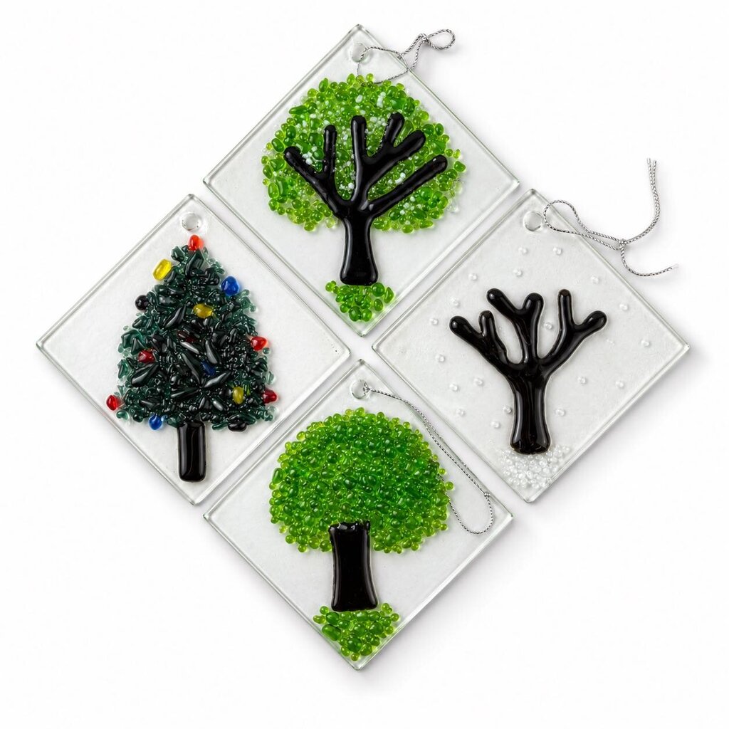 Set of 4 Art Glass Square Tree Seasons