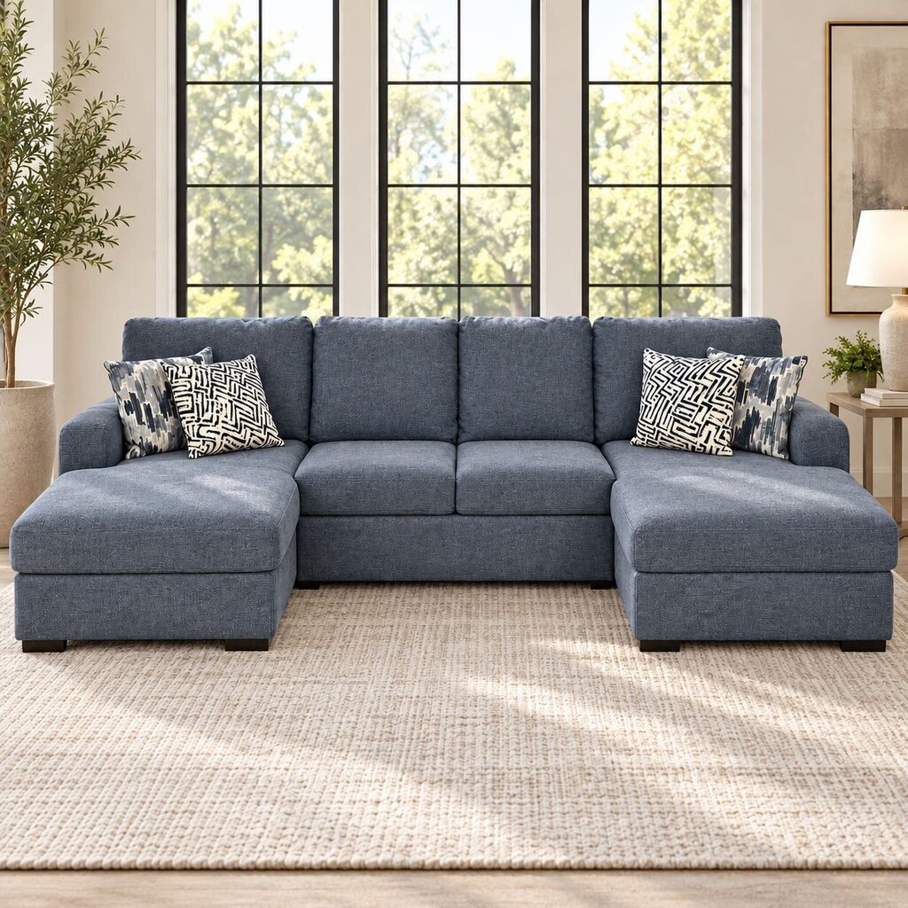 Keaton Three Piece Double Chaise Sleeper Sectional with 4 Pillows