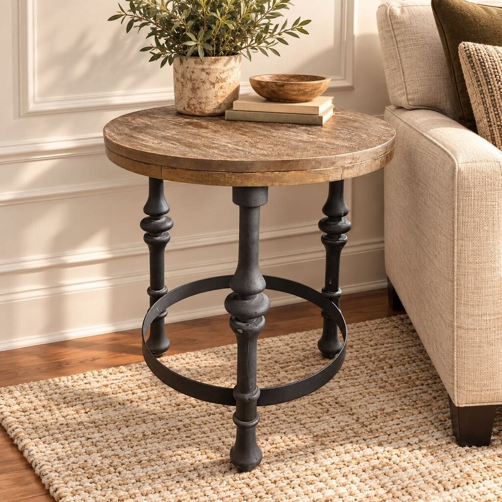 Orig. Price $129 - Rustic Round Wood & Iron Side Table