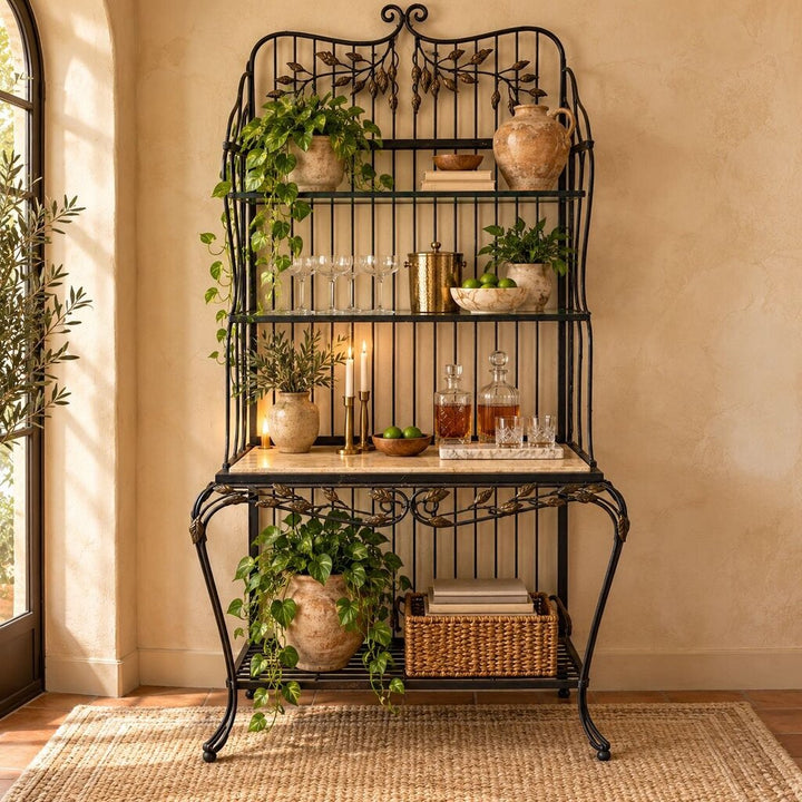 Wrought Iron & Stone Baker's Rack