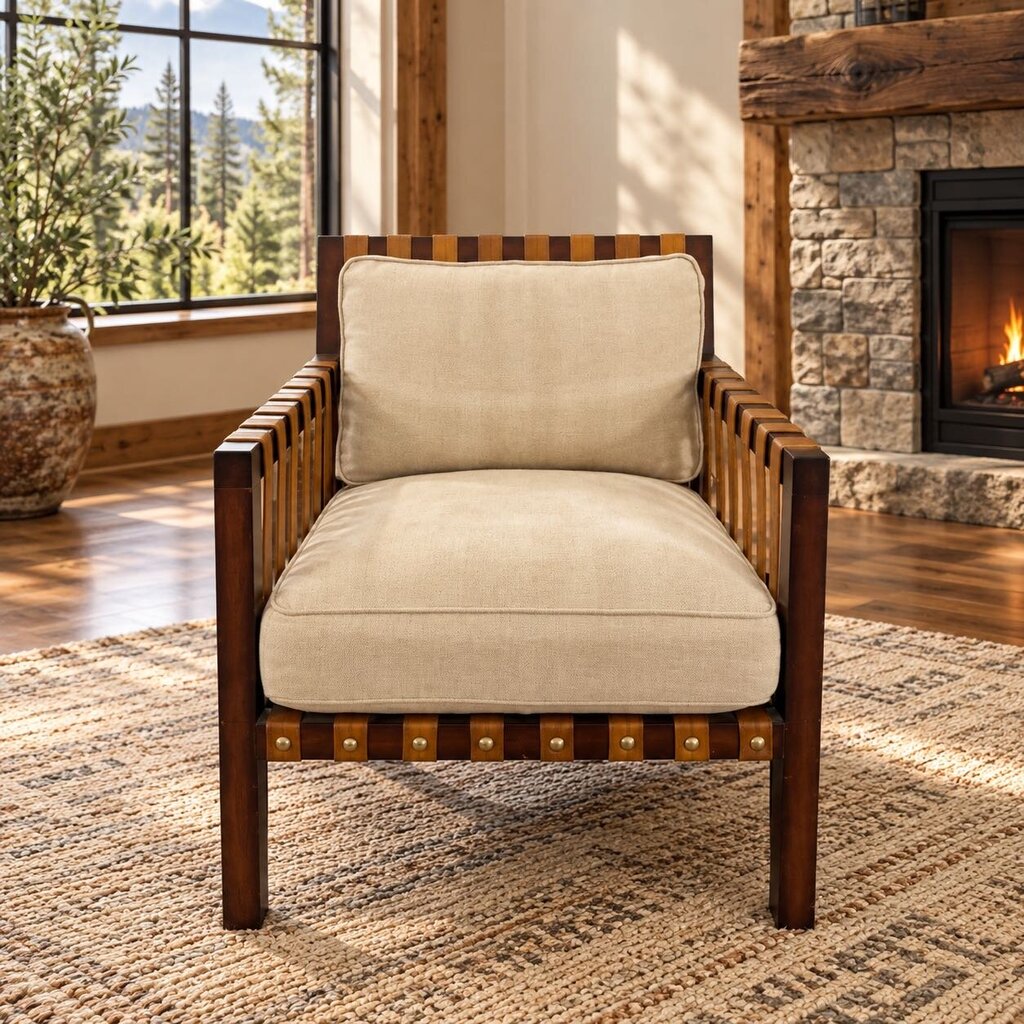 Studded Leather & Wood Accent Chair w/ Cushions