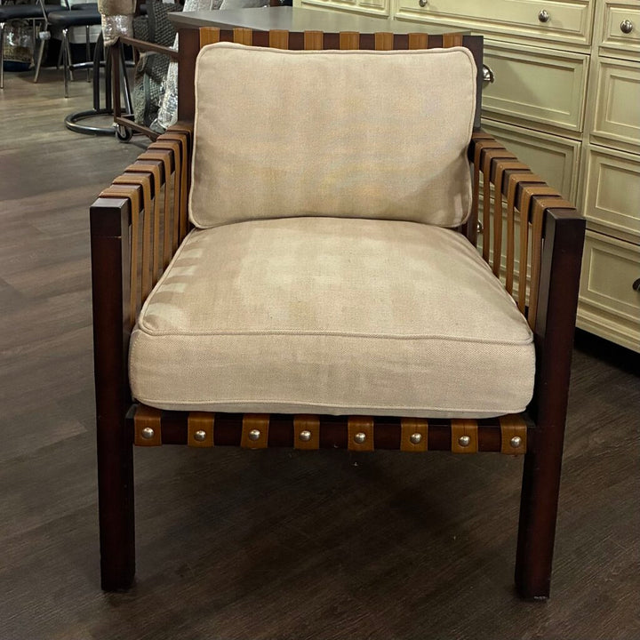 Studded Leather & Wood Accent Chair w/ Cushions