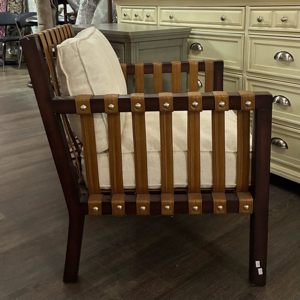 Studded Leather & Wood Accent Chair w/ Cushions