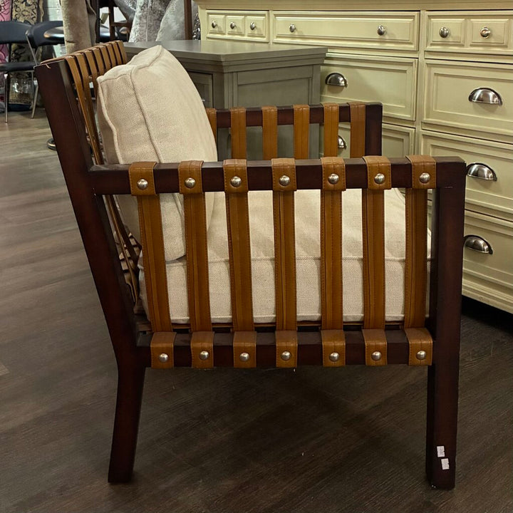 Studded Leather & Wood Accent Chair w/ Cushions