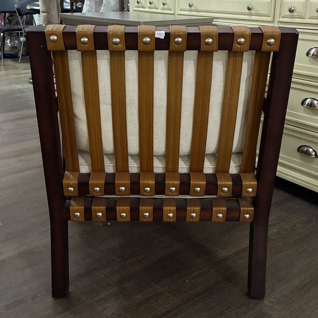 Studded Leather & Wood Accent Chair w/ Cushions