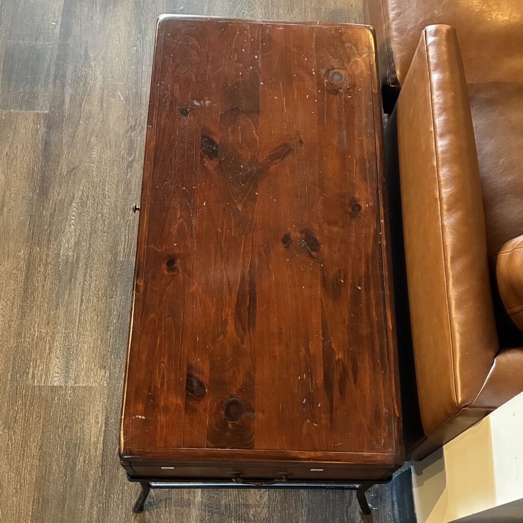Wooden Chest Cocktail Table on Iron Stand