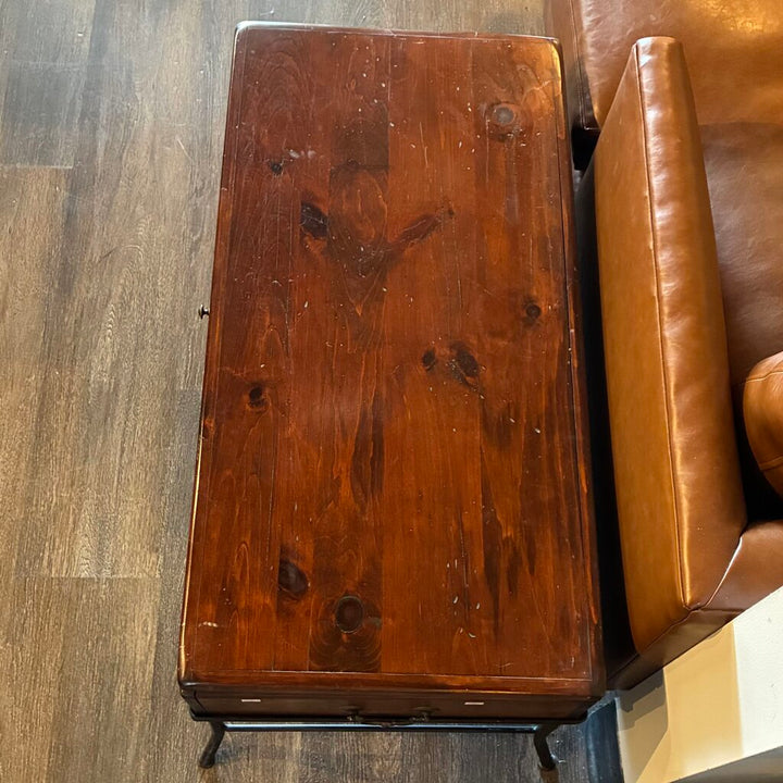 Wooden Chest Cocktail Table on Iron Stand