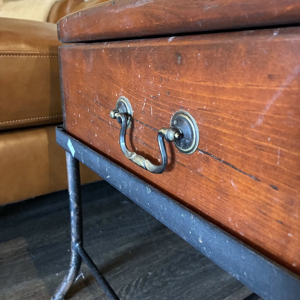 Wooden Chest Cocktail Table on Iron Stand