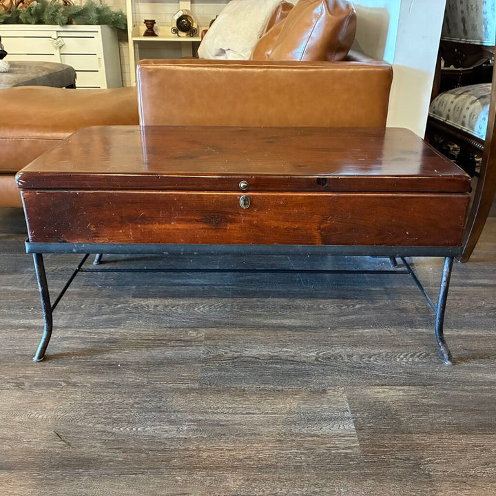 Wooden Chest Cocktail Table on Iron Stand