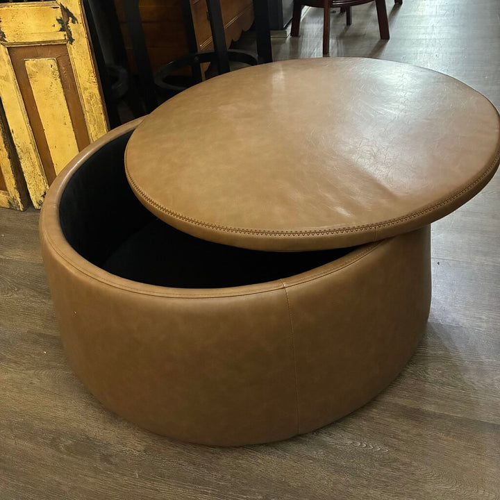 Vegan Leather Round Ottoman w/ Storage