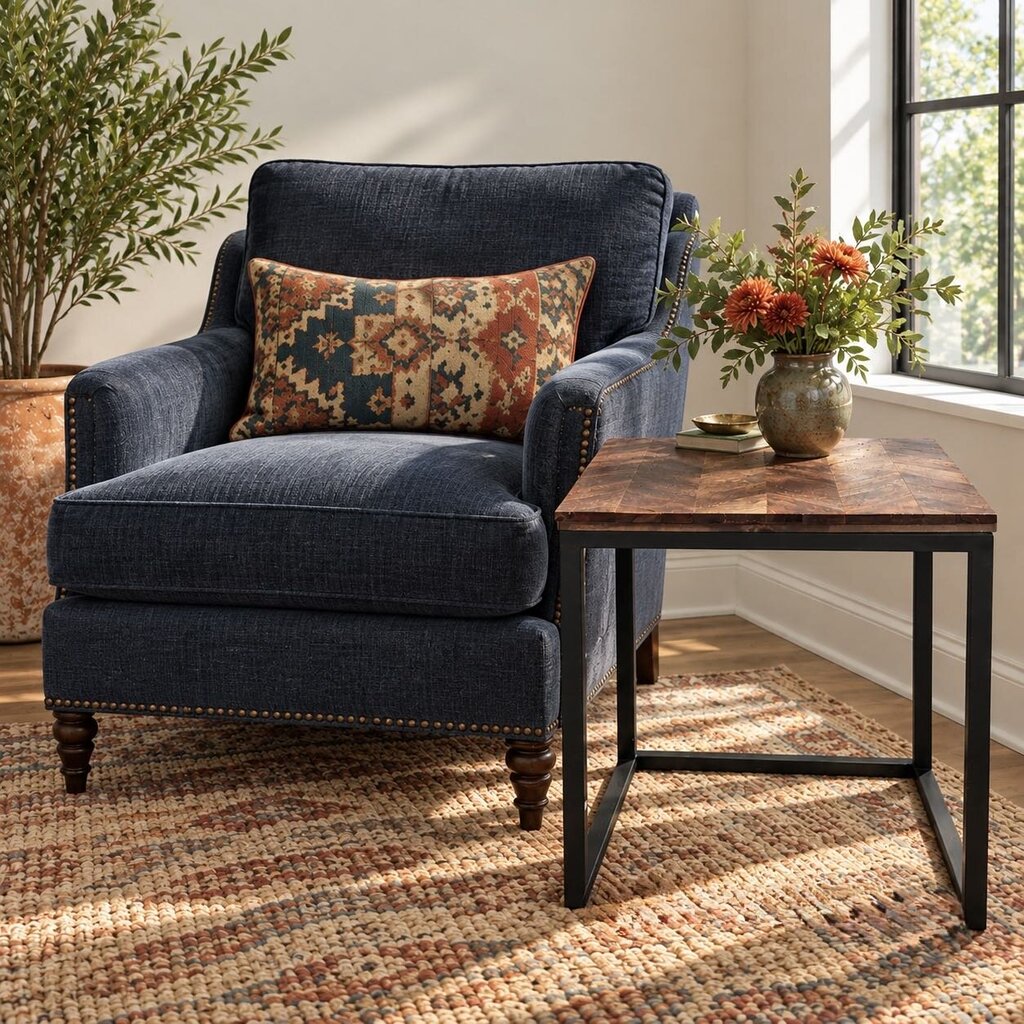 Herringbone Wood & Metal C-shaped Accent Table - Acosta's Home