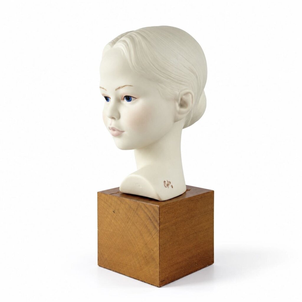 Bisque Porcelain Girl Bust on Wooden Base