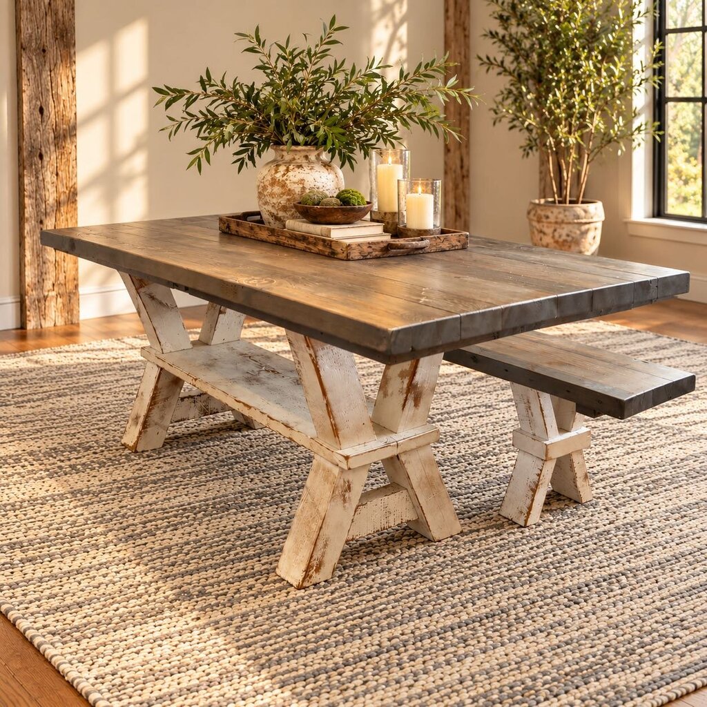 Custom Rustic Farmhouse Dining Table w/ Bench - Acosta's Home