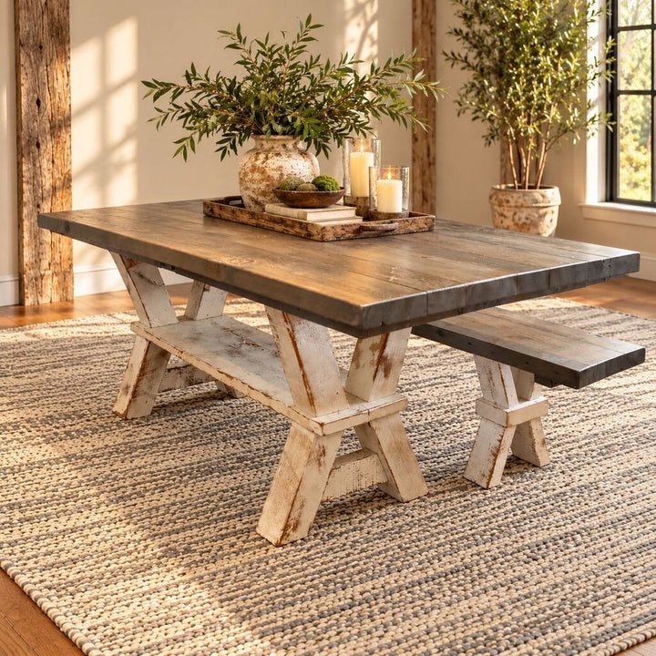 Custom Rustic Farmhouse Dining Table w/ Bench - Acosta's Home