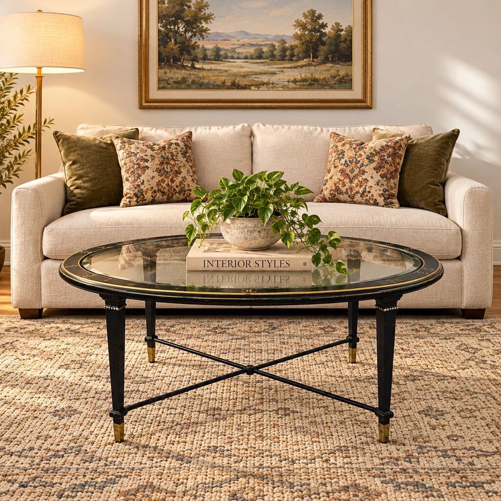 Orig. Price $2,756 - Bristol-style Painted Oval Cocktail Table w/ Glass Top - Acosta's Home