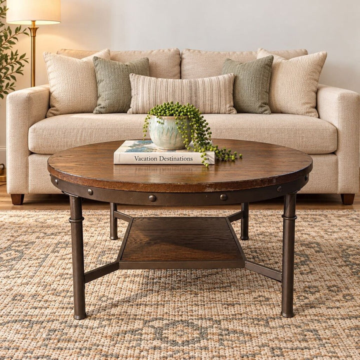 Orig. Price $800 - Round Wood and Metal Coffee Table - Acosta's Home