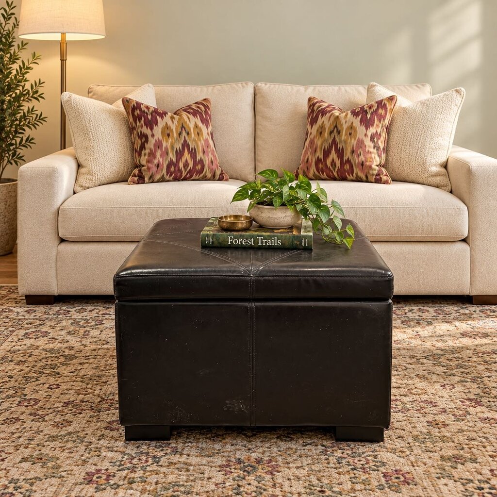 Quilted Vegan Leather Ottoman w/ Storage - Acosta's Home