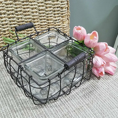 Square Metal Basket with Four Glass Planters - Acosta's Home