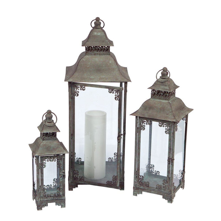 Set of 3 Metal/Glass Scrolled Lanterns - Acosta's Home