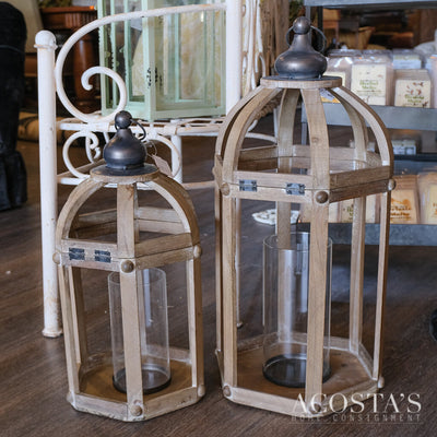 Set of Two Wood with Candle Holder Lanterns