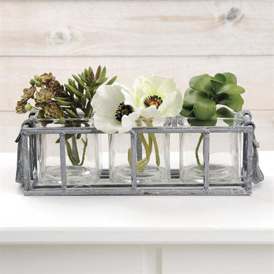 Three Square Glass Vases In Metal Basket - Acosta's Home