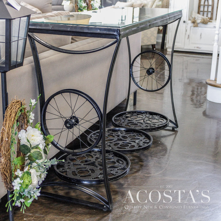 Iron Industrial Console Table with Glass Top