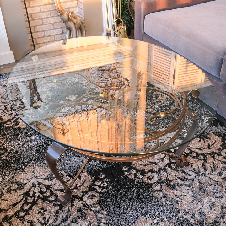 Glass and Iron Scroll Cocktail Table